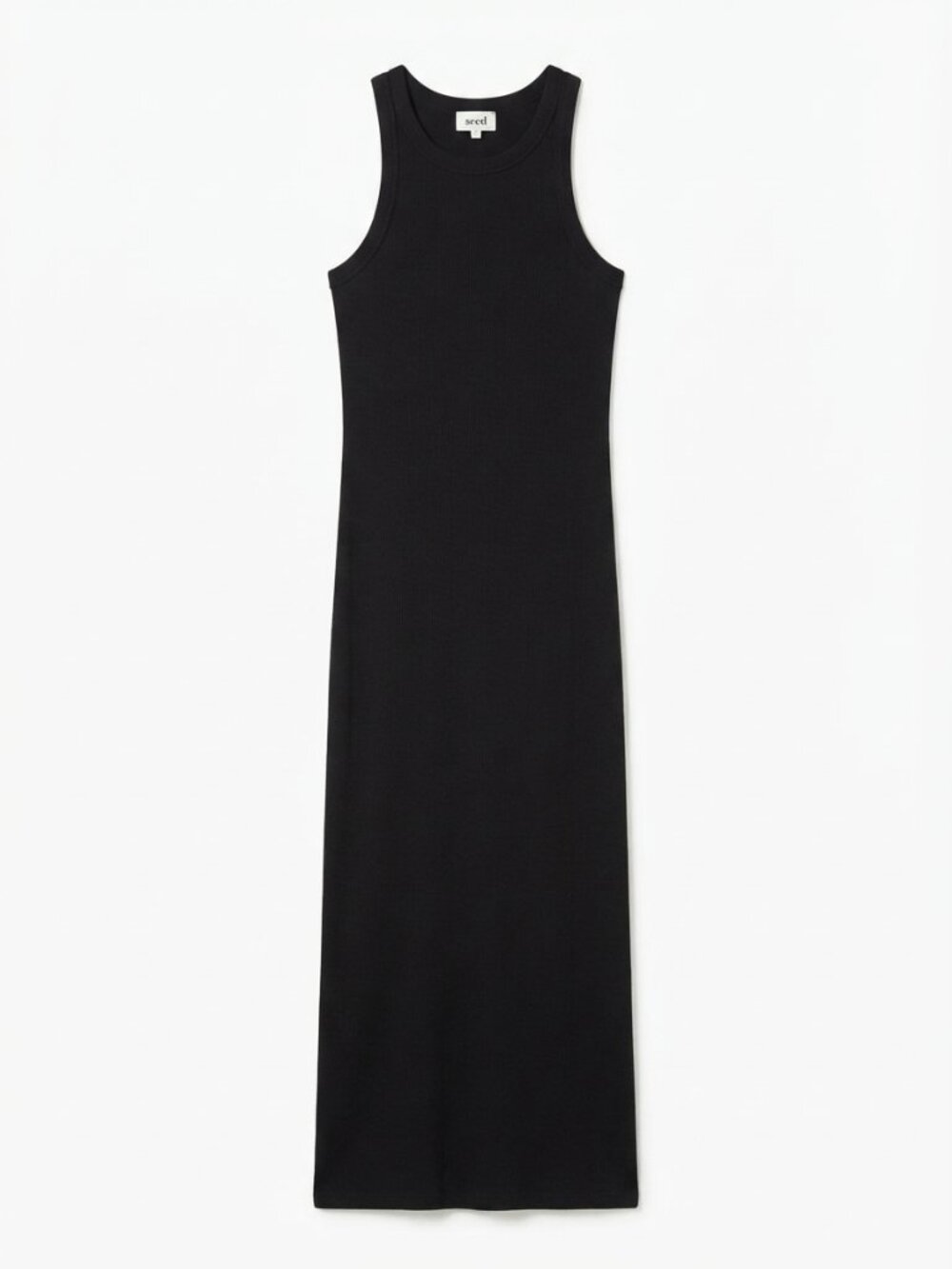 SEED HERITAGE - Black Ribbed Tank Midi Dress Racerfront Column Slit - Size M